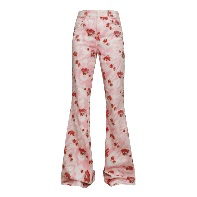 Strawberry Printed Denim Flare Pants