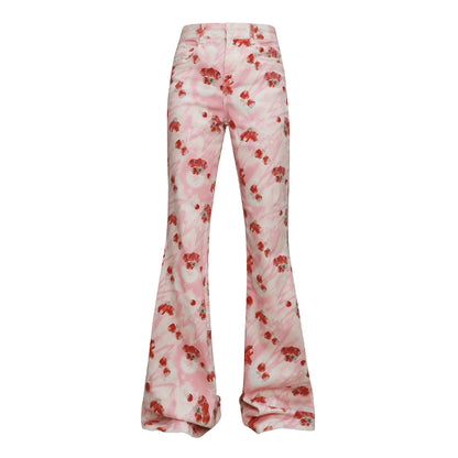 Strawberry Printed Denim Flare Pants