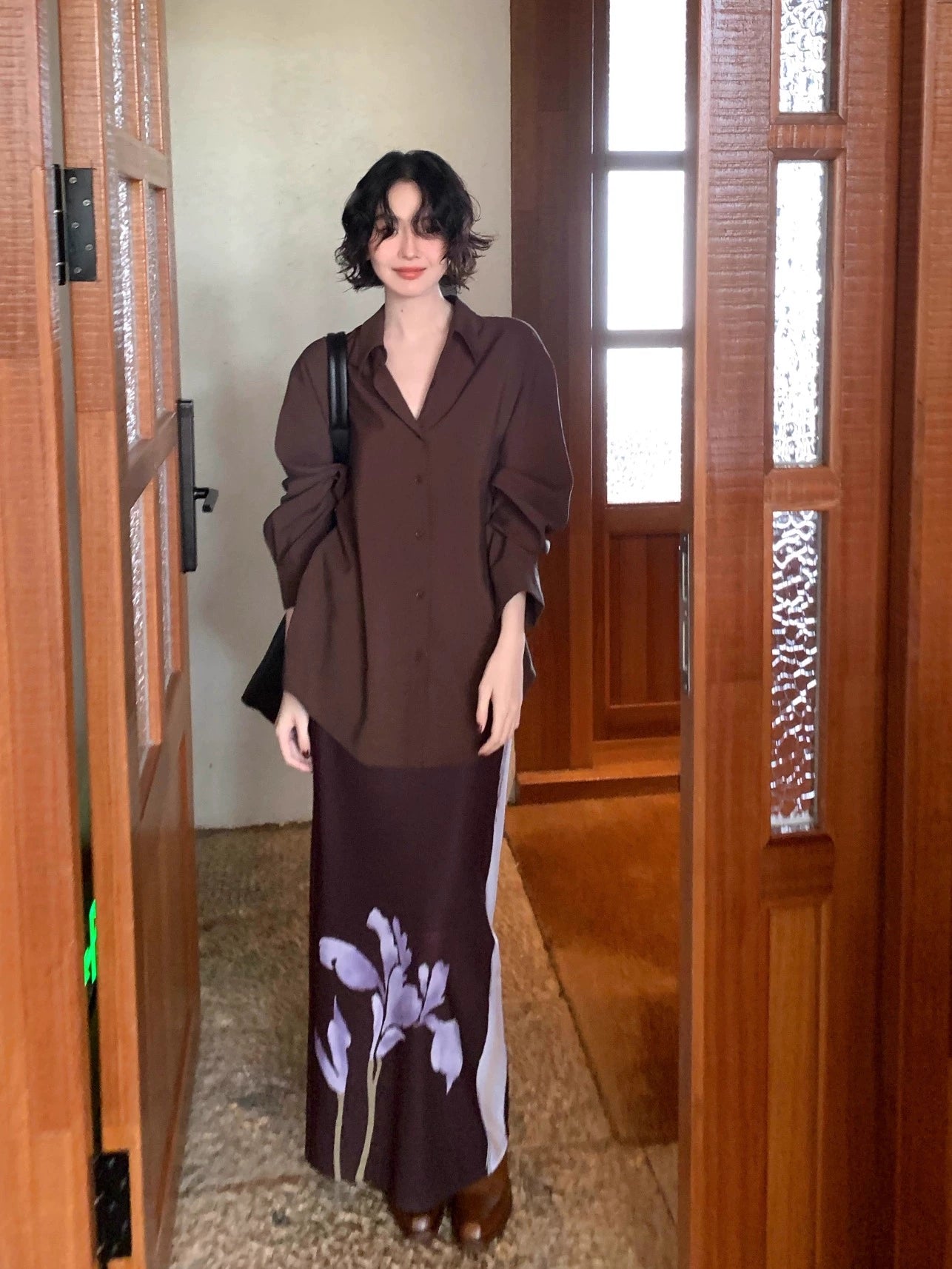 Ink-Dyed Floral High-Waisted Stretch Skirt – Wine Afternoon Retro Collection