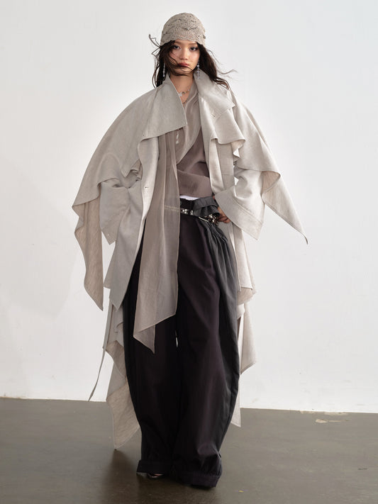 Linen Blend Trench Skirt Coat | Detachable Cape Outerwear