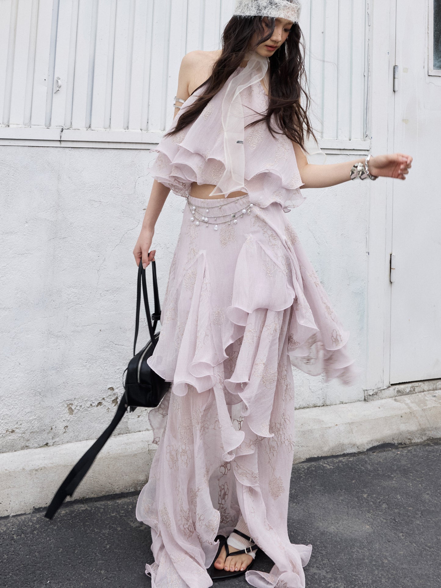 Peach Pink Ruffle Halter Dress | Fairycore Two-Piece Set