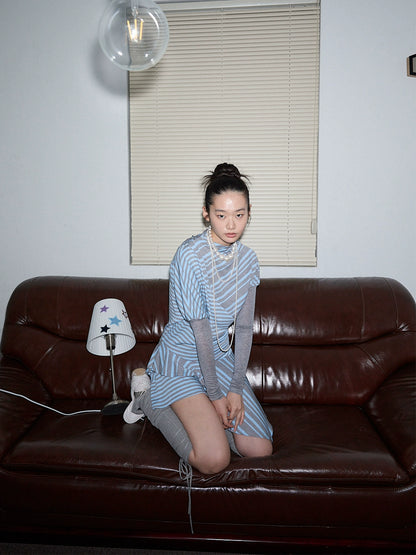 1JINN STUDIO blue and gray striped irregular patchwork long sleeve dress women's contrast puff sleeve design sense