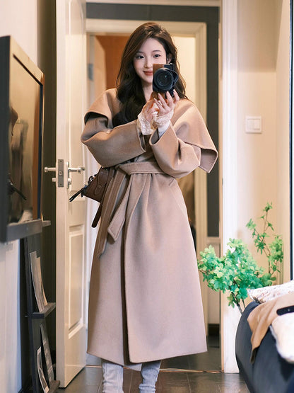 Camel Double-Sided Cashmere Coat – Hepburn-Style Mid-Length Woolen Elegance