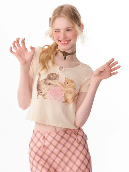 Metal Heart Cat Print T-shirt | Right Shoulder Retro Crop Top for Summer