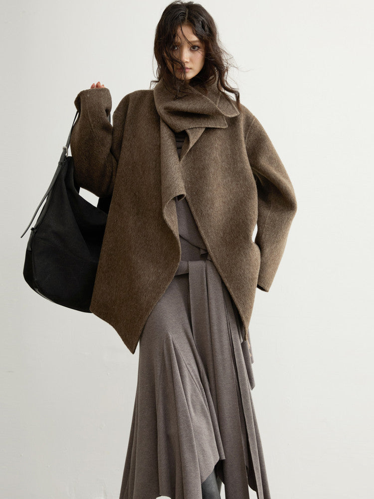 Handmade Double-Faced Wool Coat | Ebony Brown Belted Wrap Coat