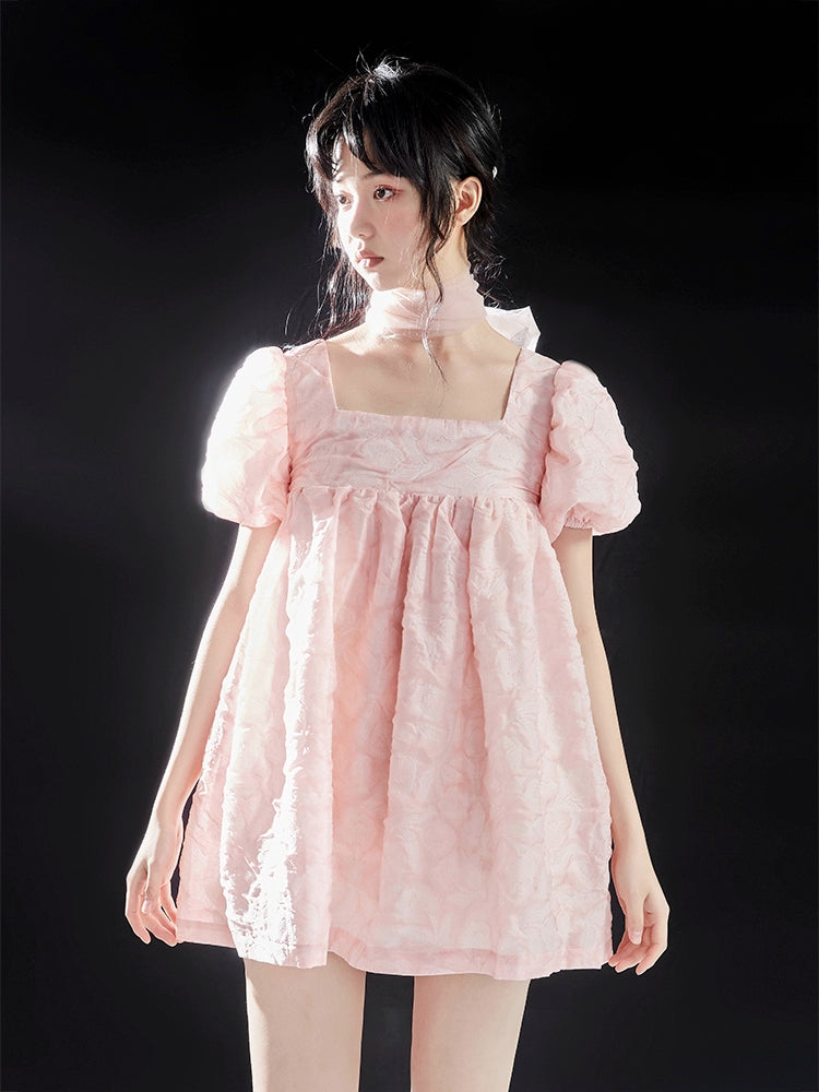 Original Pink Tulip Texture Bubble Sleeve Doll Dress