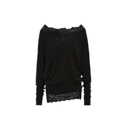 V-Neck Faux Two-Piece Lace Blouse – Loose Midi Cover-Up Top