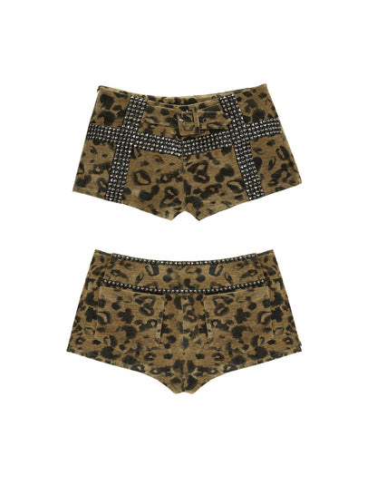 Pantalones cortos con remaches y estampado de leopardo Diseño con detalle dorado de chica caliente punk retro |