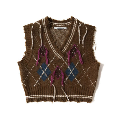 Tassel V-neck Diamond Knit Vest