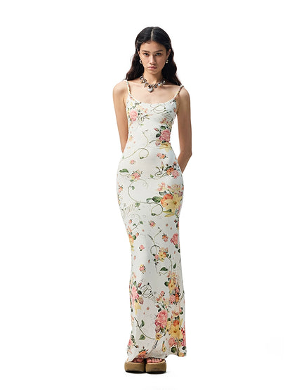 Resort Floral Slip Maxi Dress – Backless Cinched Waist Vacation Style