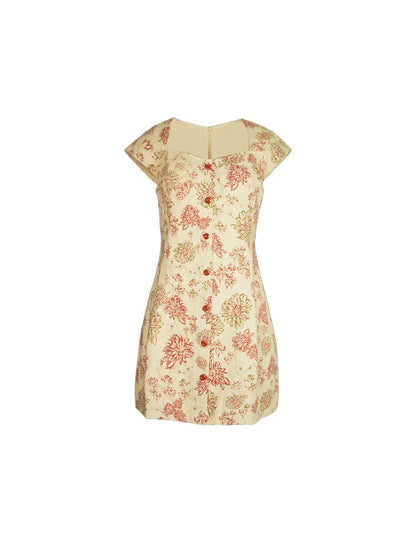 Retro Single-Breasted Floral Short Dress