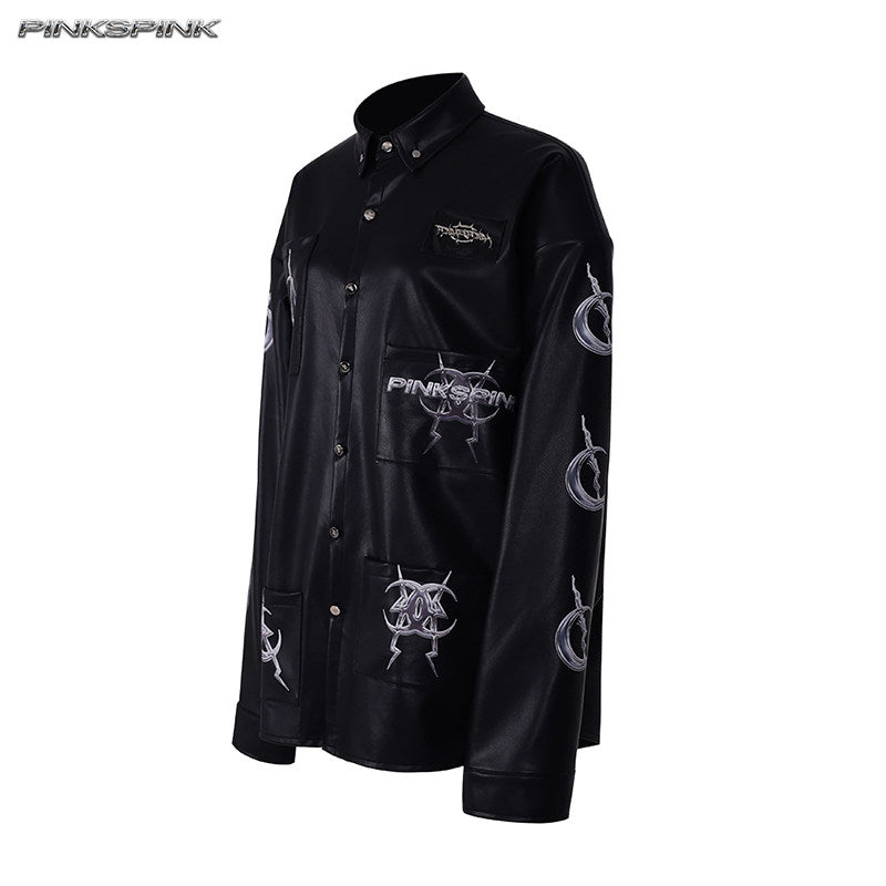 Electric Moon Mirror Concept PU Leather Y2K Jacket