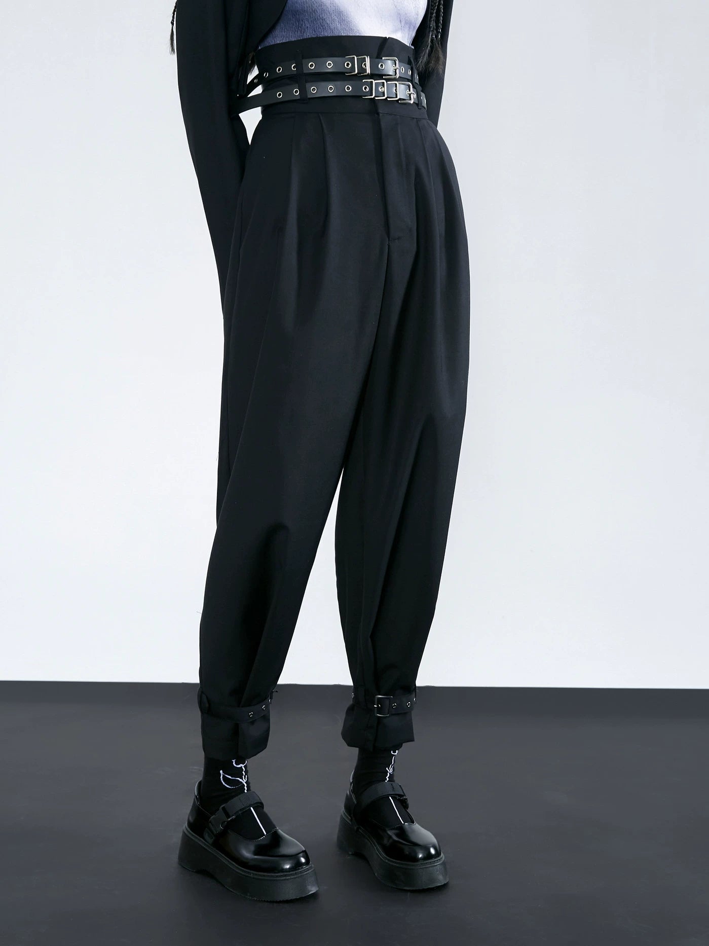 Black High Waist Wide Legged Tie Feet Suit Pants