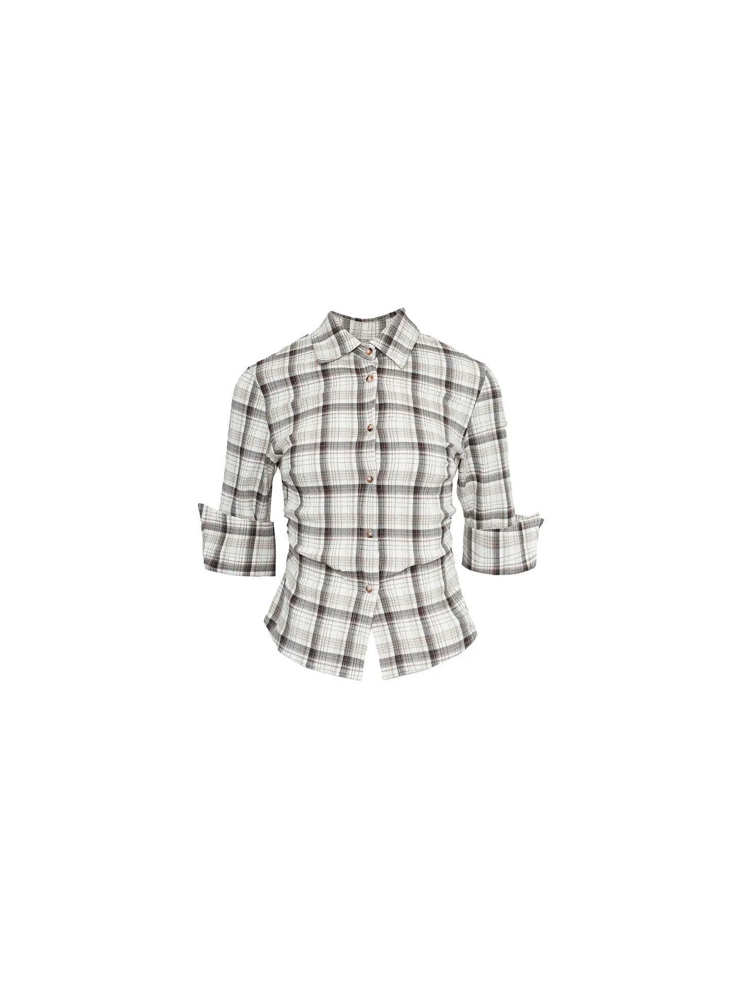 Wine afternoon homemade spring retro Hong Kong style lapel plaid print waist short shirt slim slim top for women