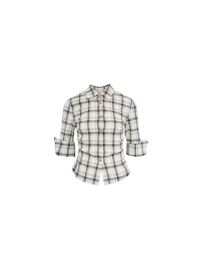 Wine afternoon homemade spring retro Hong Kong style lapel plaid print waist short shirt slim slim top for women