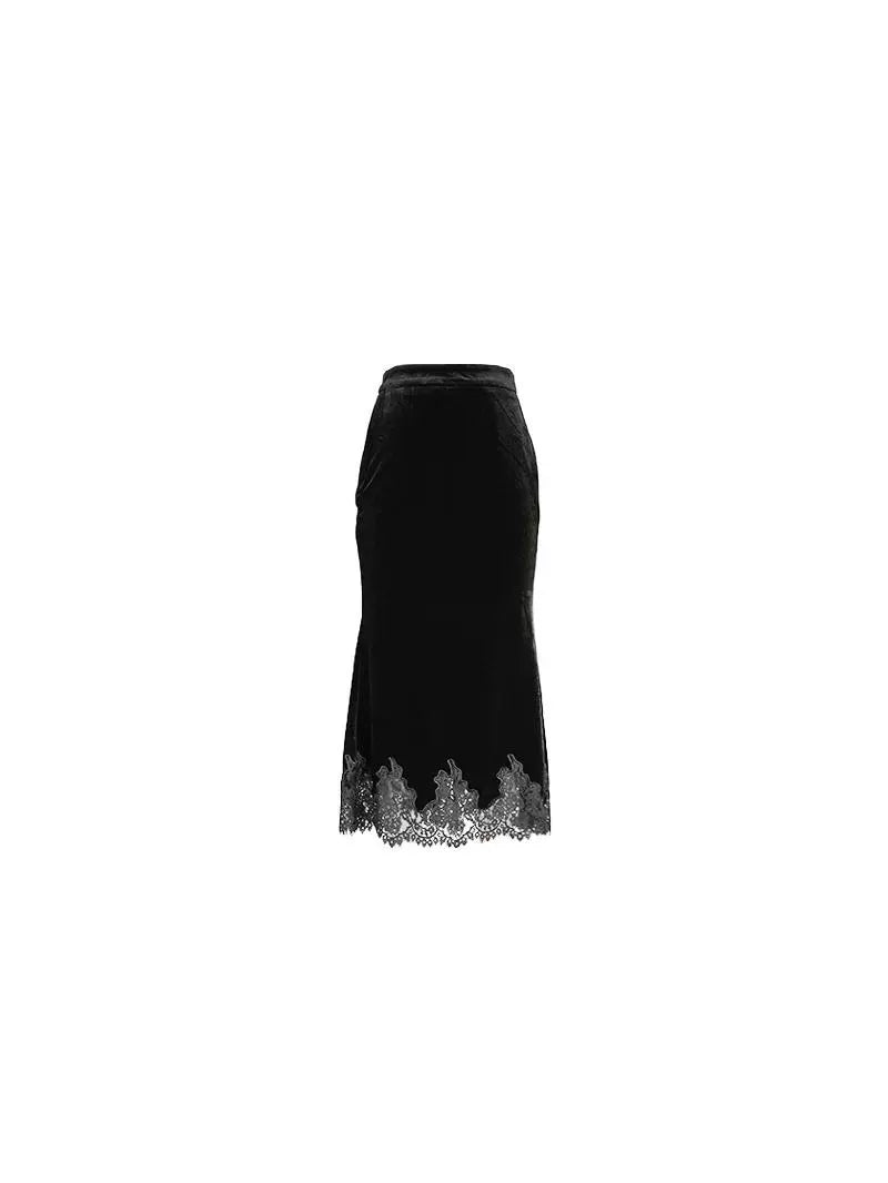 Lace-Trim Velvet Skirt