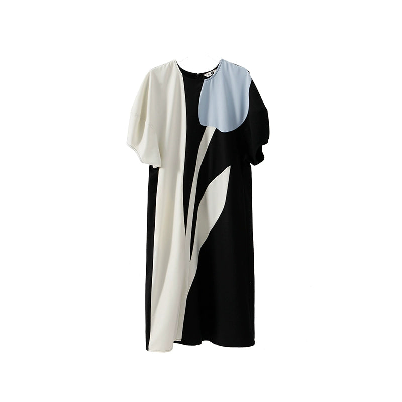 Original Design Stunning Layered Blue White Black Tulip Contrast Panel Short Sleeve Dress