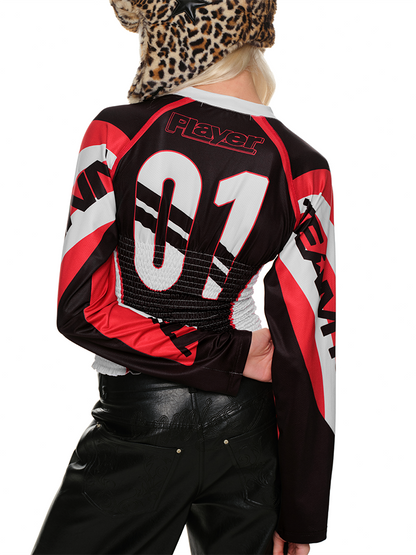 V-Neck Slim Cable Jersey Top – Cropped Long Sleeve Design