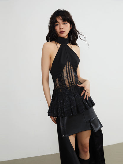 Dark Sexy Lace Sequin Pleated Hem Top