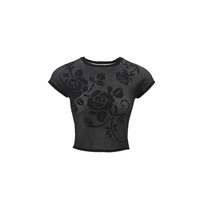 Rose Cutout Glitter Knit T-Shirt – Sheer Short Sleeve Slim Crop Top