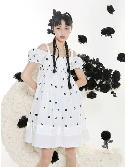 Black Embroidered Doll Dress - Square Neck Bubble Sleeve