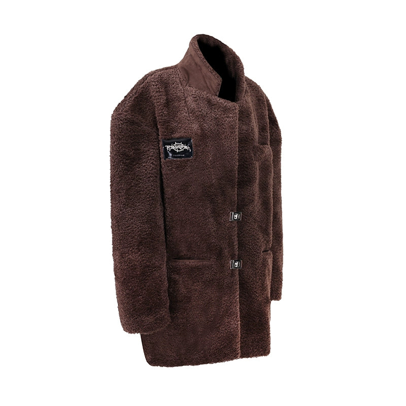 Caramel Suede Genderless Coat – Luxe Fur Loose Silhouette for Warmth