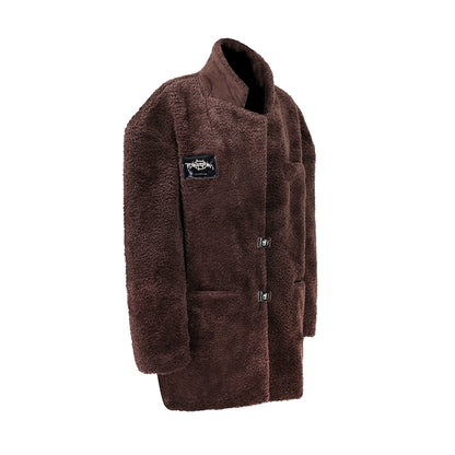 Caramel Suede Genderless Coat – Luxe Fur Loose Silhouette for Warmth