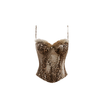 Patchwork Leopard Rabbit Fur Corset – Sleeveless Slim Camisole