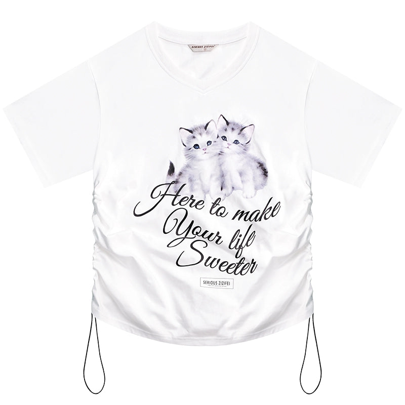 Cat Print V-neck Drawstring T-shirt | Loose Fit Summer Retro Design