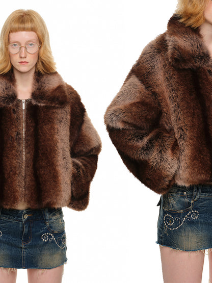 Gradient Eco-Fur Fur Jacket Women's Loose Warm Winter Crop Top