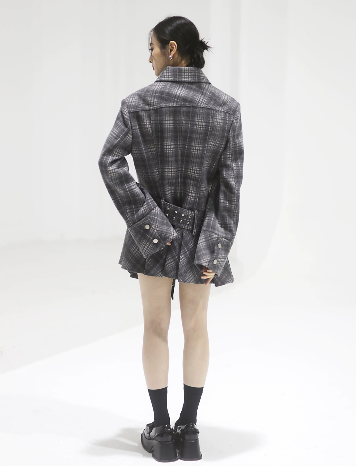 Pleated Skirt Plaid Woolen Work Jacket