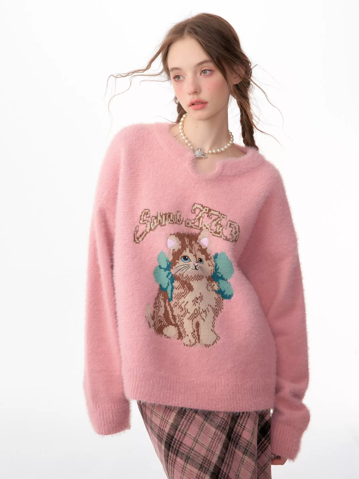 Pink Cat Sweater | Warm Soft Lazy Style for Autumn/Winter