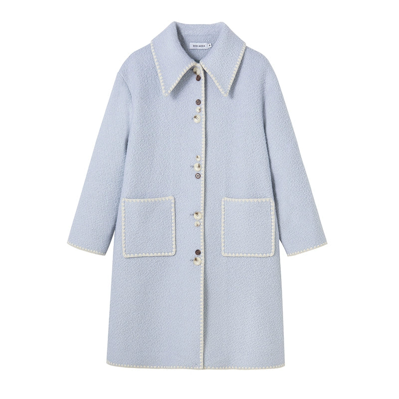 Flip Collar-Embroidered Woolen Coat