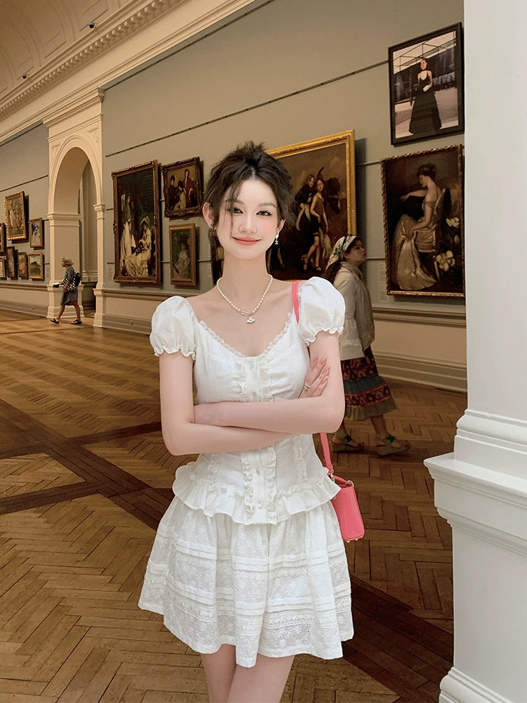 [Monica] Jacquard Ballet Bubble Sleeve Shirt & Skirt Two-Piece Set