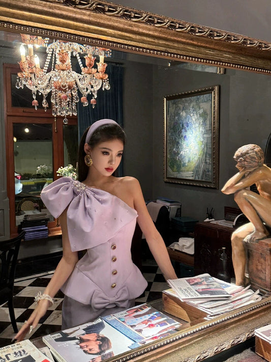 Purple Luxe Dresses – Rich Women's Niche Heavy Industry Bow-Accent Birthday Gowns