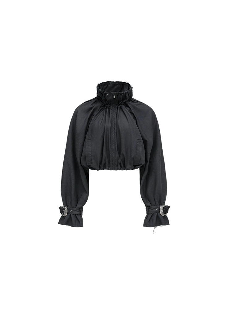 Grey Cropped Balloon Jacket – Waistless Crew Neck Jacket for Spring and Autumn