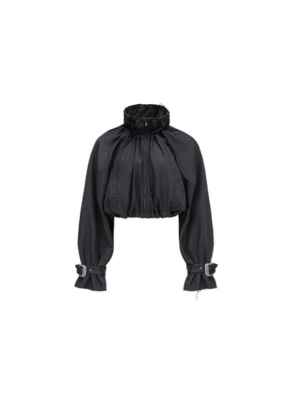 Grey Cropped Balloon Jacket – Waistless Crew Neck Jacket for Spring and Autumn