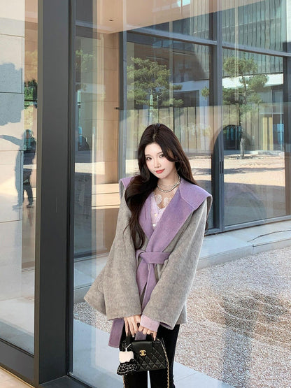 Reversible Cashmere Coat – Petite Lace-Up Woolen Winter Jacket