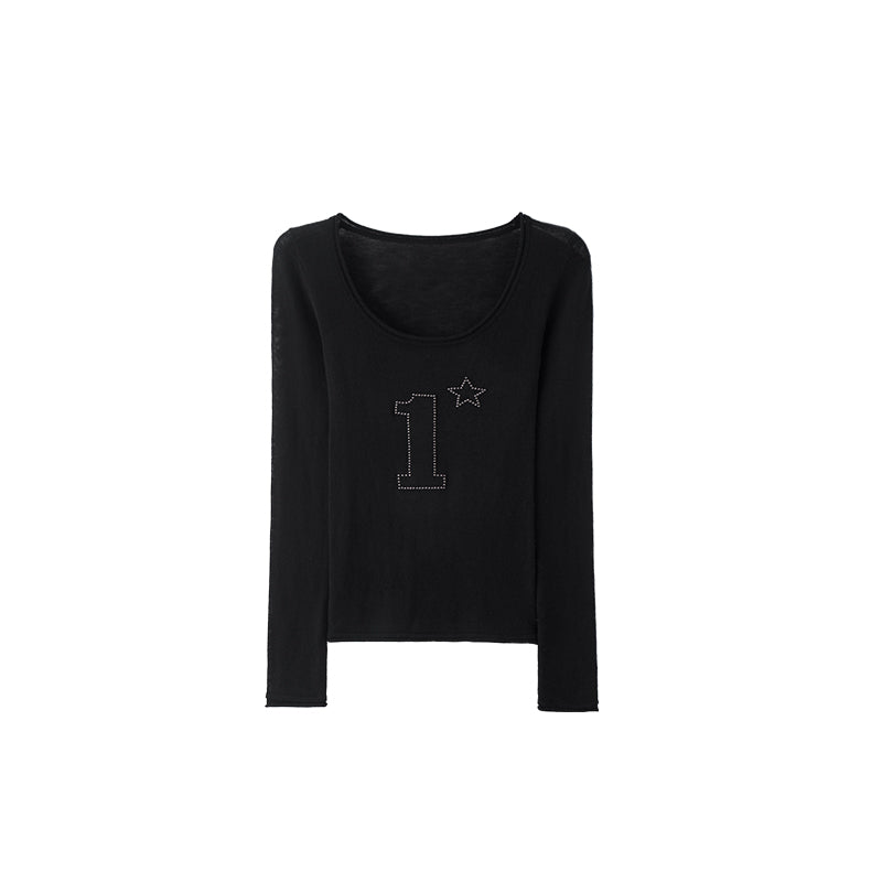 studded scoop neck slightly transparent knit base layer with a slim waist and a high-stretch long-sleeved top