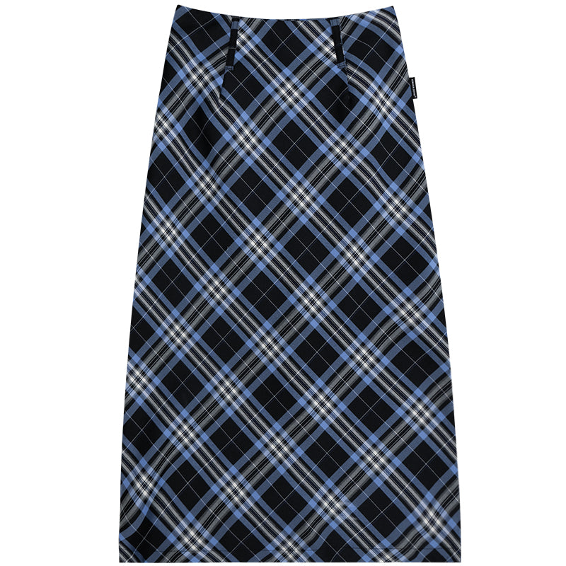 Blue Plaid High Waist Midi Skirt