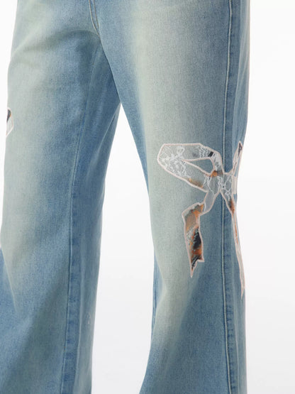 Bow Embroidered Wide-Leg Jeans | High Waist Slim Fit Micro Flare Design