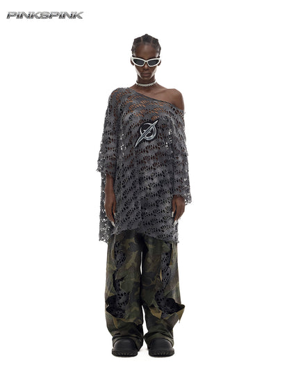 Electric Moon Gradient Patchwork Perforated Y2K Punk Tee