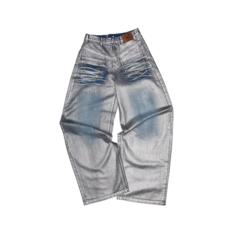 Silver Embroidered Distressed Wide-Leg Denim Pants – Low-Rise Statement Jeans