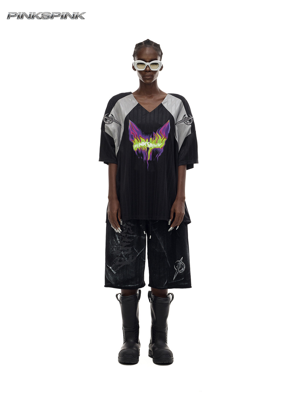 Electric Moon Flame Cat Graphic Jersey – Y2K Rock Streetwear Top