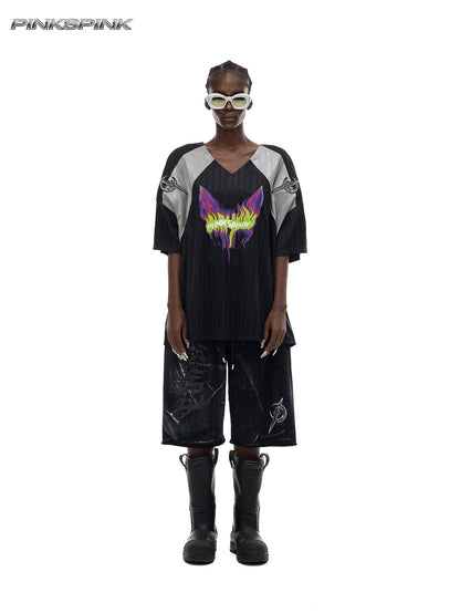 Electric Moon Flame Cat Graphic Jersey – Y2K Rock Streetwear Top