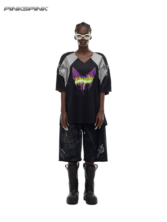 Electric Moon Flame Cat Graphic Jersey – Y2K Rock Streetwear Top