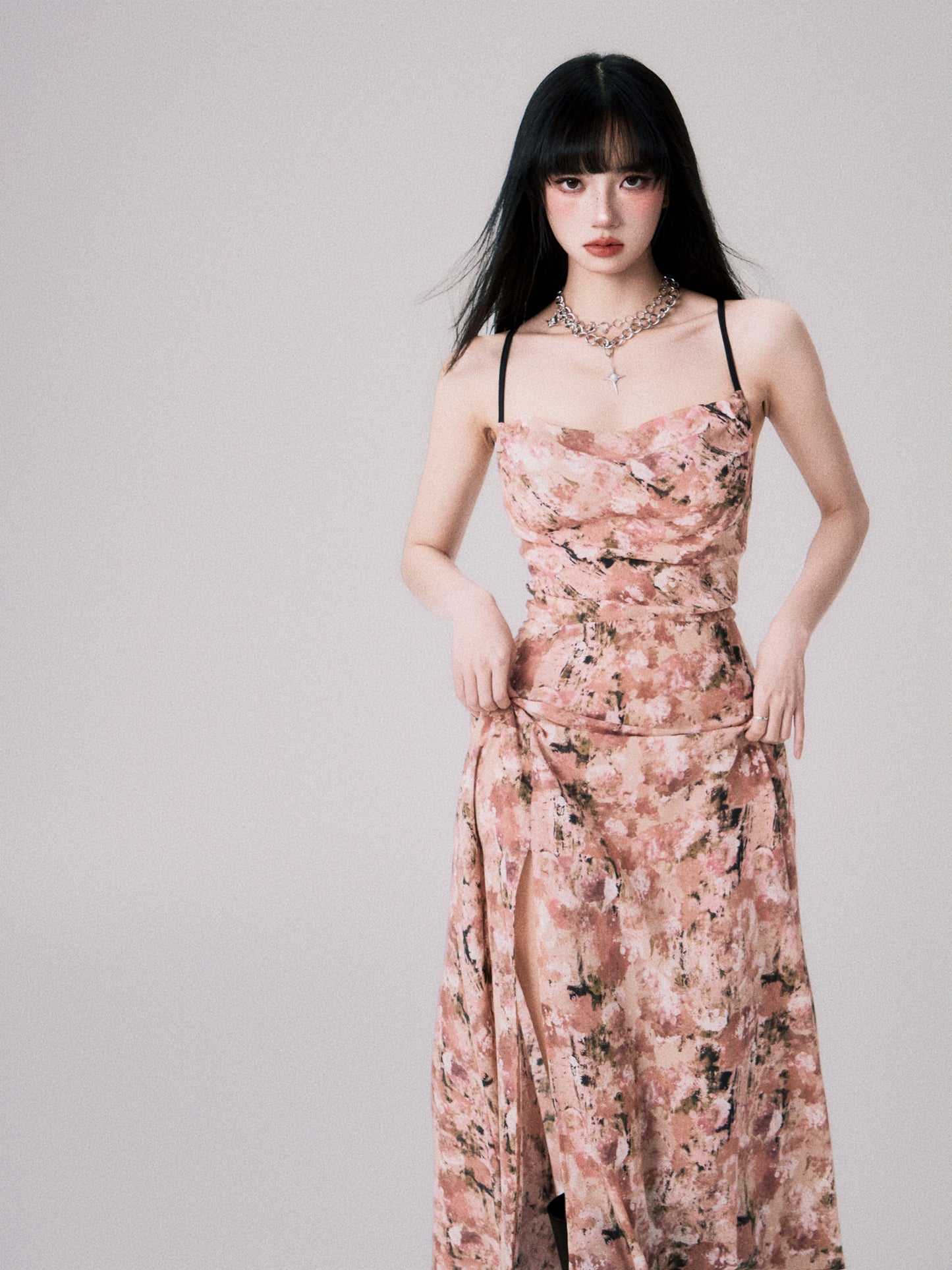 Apricot Pink Floral Swing Neck Backless Date Slip Dress