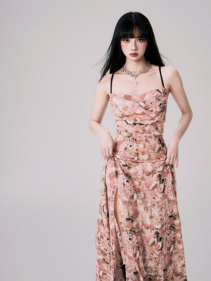 Apricot Pink Floral Swing Neck Backless Date Slip Dress