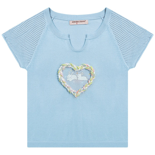 Love Rabbit Printed Hollow T-shirt | Retro Three-Dimensional Knitted Design for Summer