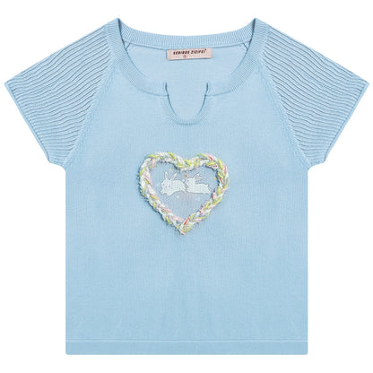 Love Rabbit Printed Hollow T-shirt | Retro Three-Dimensional Knitted Design for Summer